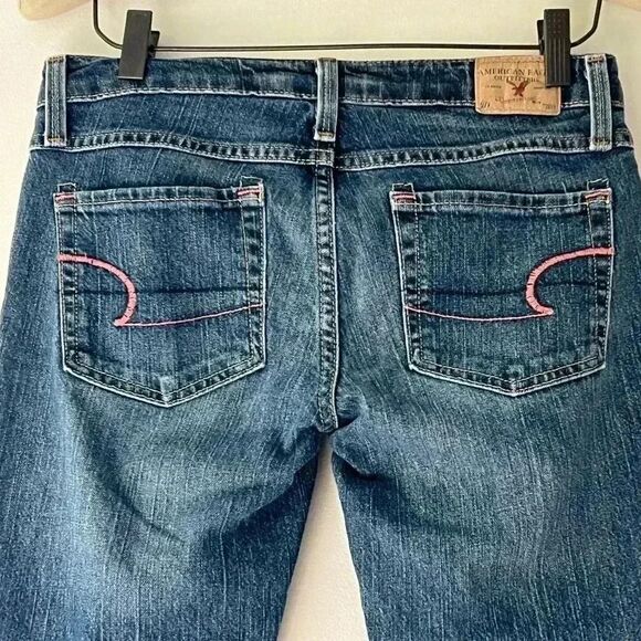 Y2K American Eagle Limited Blue Issue Cropped Jeans Women’s 2 Reg Pink Stitch - Picture 4 of 14